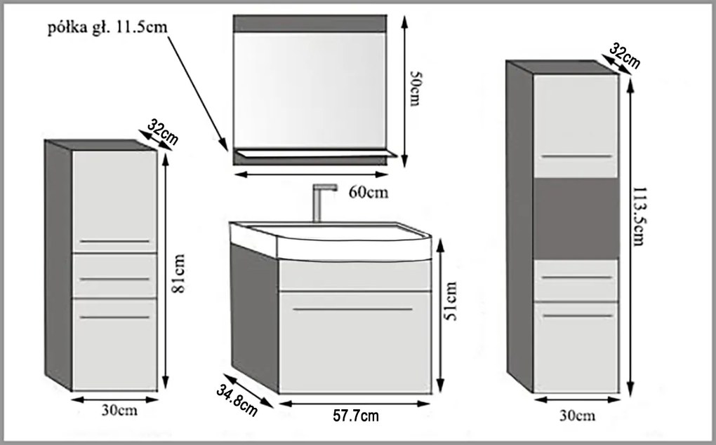 Kúpeľňový nábytok skrinky s umývadlom a zrkadlom dubové dub sonoma ROD PRIMO M 5/0/W/DS/0/ZINC