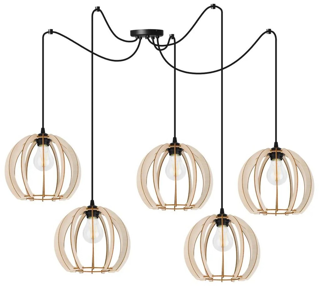 Závesné svietidlo Timber Spider 9, 5x drevené tienidlo