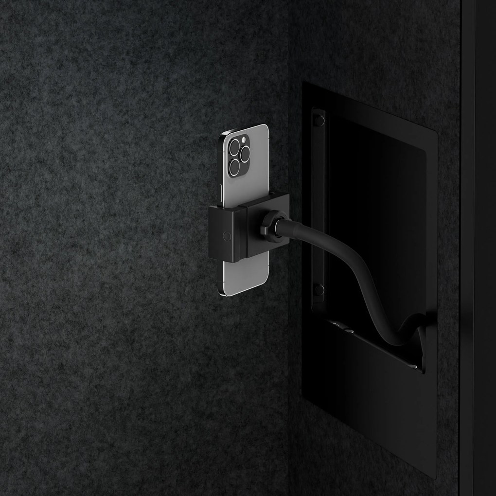 Kancelárska akustická kabína so sedadlom a portom USB-C, telo v čierny / sedák tmavosivá v zelenej farbe, 1150 mm: SALLY MentalBox