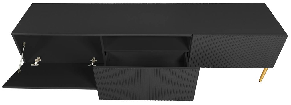 TV stolík Nicole 200 cm na metalových nožičkách so zásuvkou - čierny mat / zlaté nožičky