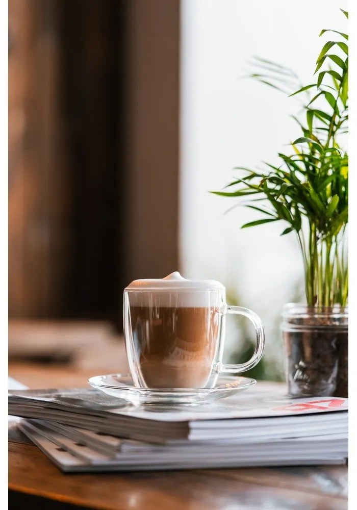 Súprava 2 dvojstenných sklenených šálkov s tanierikom Vialli Design, 250 ml