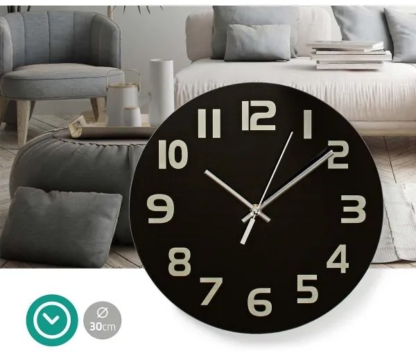 Nedis CLWA006GL30BK - Nástenné hodiny 1xAA/1,5V sklo 30 cm čierna