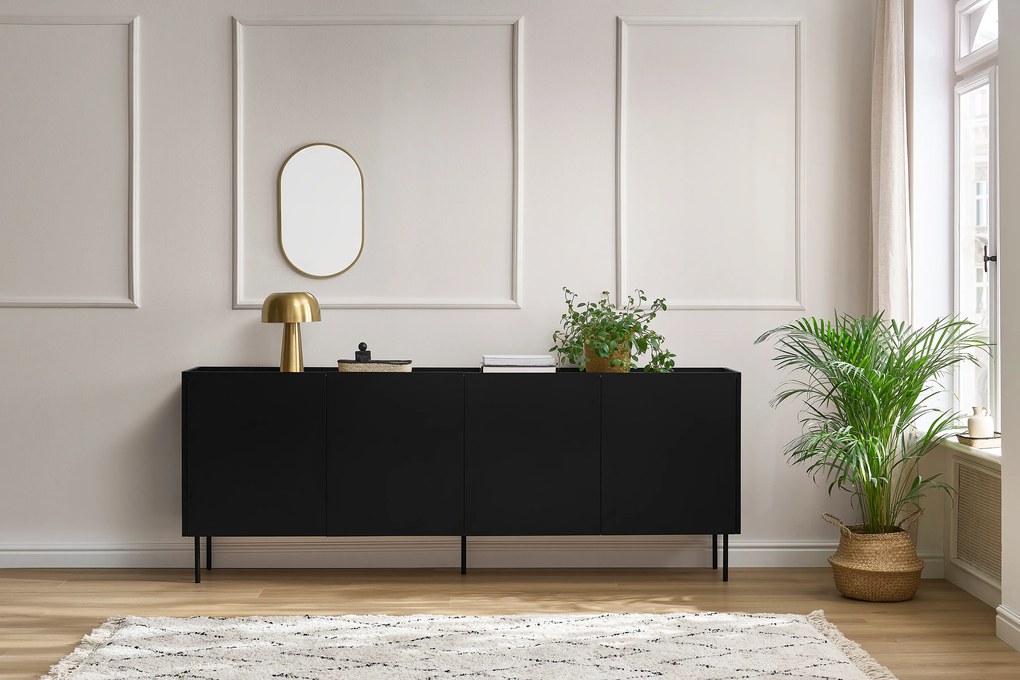 Čierna matná komoda Desin 220 cm so štyrmi dverami - duba nagano