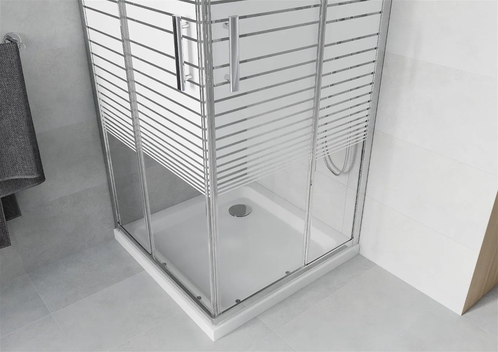 Mexen Rio štvorcový sprchovací kút 80 x 80 cm, 5mm sklo, číre sklo/pásy, chrómový profil + slim sprchová vanička 5cm, 860-080-080-01-20-4010