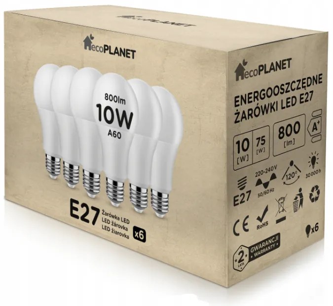 6x LED žiarovka - ecoPLANET - E27 - 10W - 800Lm - teplá biela