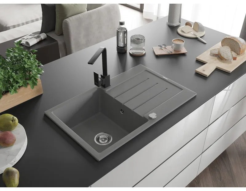 Mexen Bruno, drez granitový 795x495x200 mm, 1-komorový, šedá s chrómovým sifónom a čierna drezová batéria Rita, 6513-71-670300-70