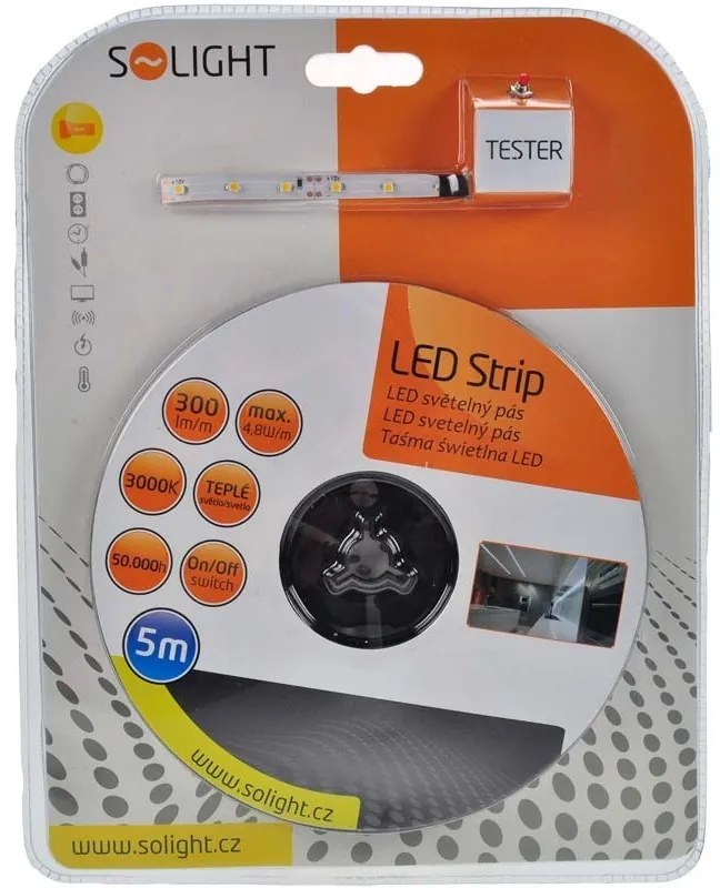 SOLIGHT LED pásik s testrom, 5m, sada 12V adaptérom, 4,8W/m, IP20, 3000K teplá biela