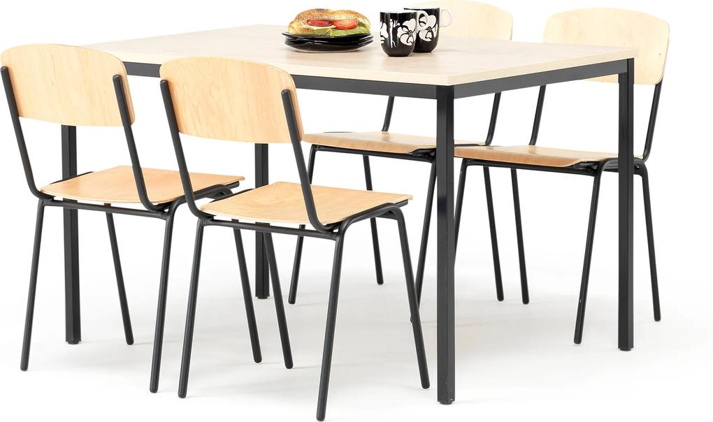 Jedálenská zostava: stôl + 4 stoličky, 1200x800 mm, breza / čierna