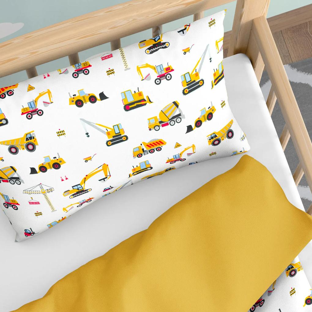 Goldea detské bavlnené obliečky do postieľky duo - nákladné autá a bagre s medovo žltou 110 x 125 a 35 x 55 cm