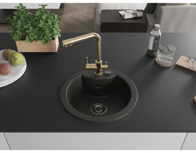Mexen Diego, 1-komorový granitový drez 488x488x167 mm, zlatá batéria Duero, čierna - zlatá metalíza, 6512-75-671600-50-B