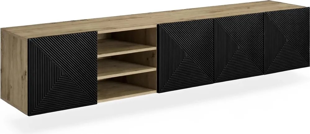 Závesná TV skrinka Asha 200 cm so žliabkovaným čelom s výklenkom - dub artisan / čierny mat