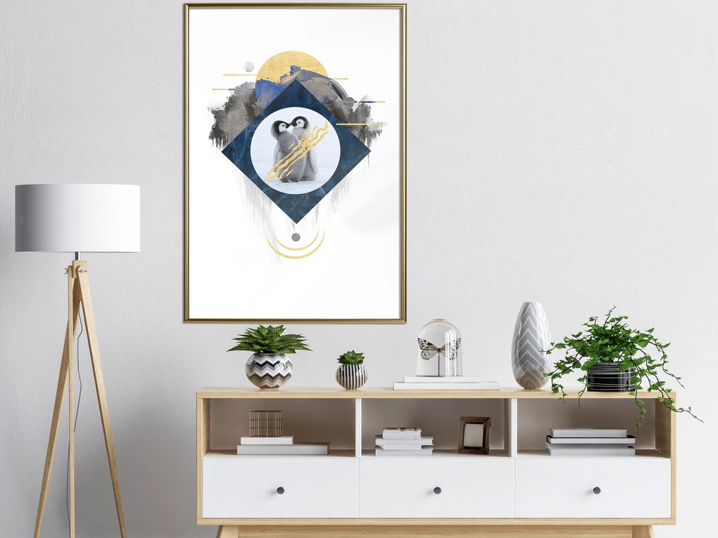 Artgeist Plagát - Penguin Couple [Poster] Veľkosť: 30x45, Verzia: Zlatý rám s passe-partout