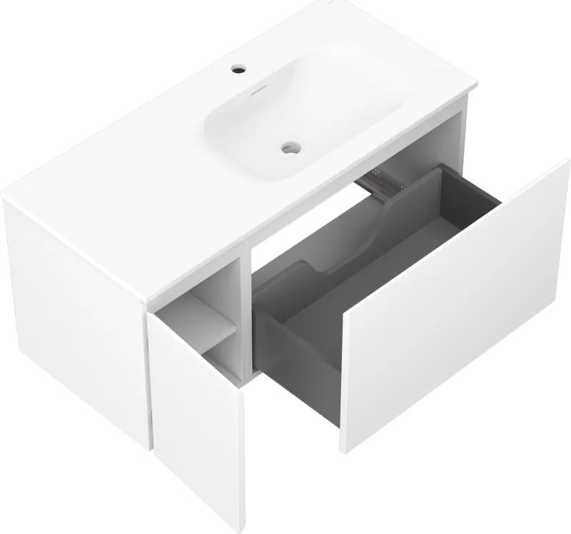 Mexen Orio, kúpeľňová skrinka 100 cm s pravým umývadlom Vela, 1S, 1D, biela matná, 91A13-10047-3-BBFF01-W23P01