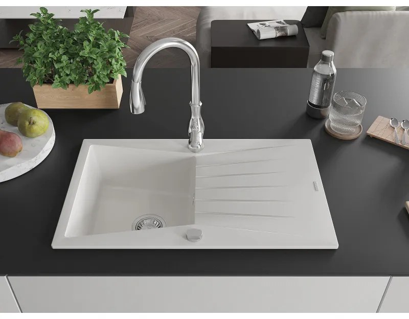 Mexen Cesar, 1-komorový granitový drez 775x470x190 mm a drezová batéria Savita, biela, 6513-77-672601-70