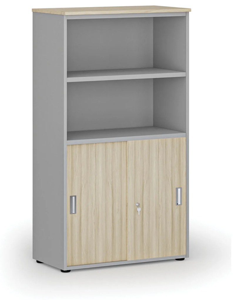 Kombinovaná kancelárska skriňa PRIMO GRAY, zasúvacie dvere na 2 poschodia, 1434 x 800 x 420 mm, sivá/dub prírodný