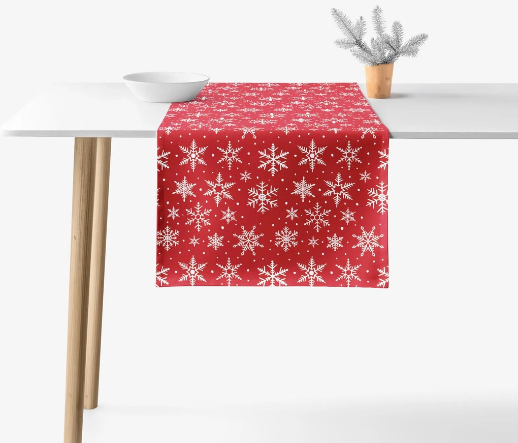 Goldea vianočný behúň na stôl valencia - biele vločky na červenej 20x140 cm