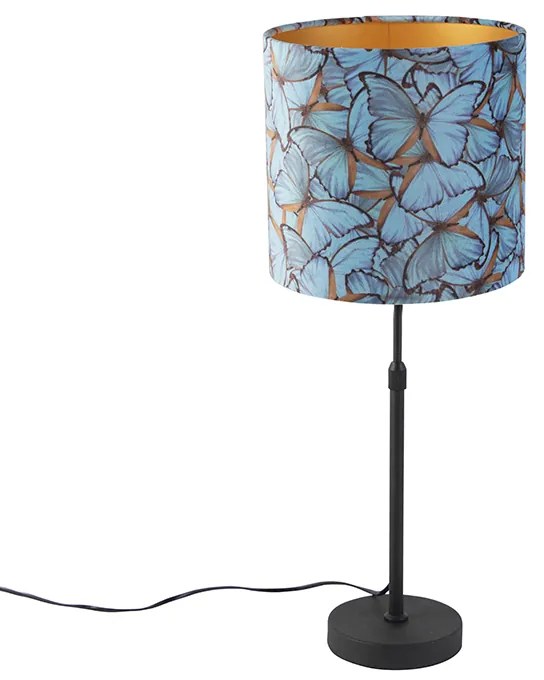 Stolná lampa čierna s tienidlom z zamatu s motívom motýľov so zlatom 25 cm - Parte