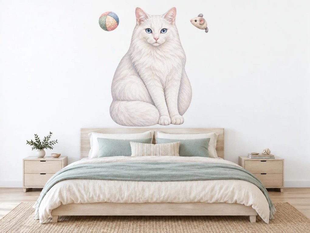 Biela turecká angora maľované mačacie dekorácie na stenu do spálne arch 31 x 46 cm