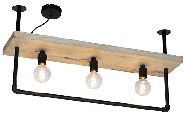Priemyselné stropné svietidlo čierne s drevenou poličkou 3-svetlé - Polica