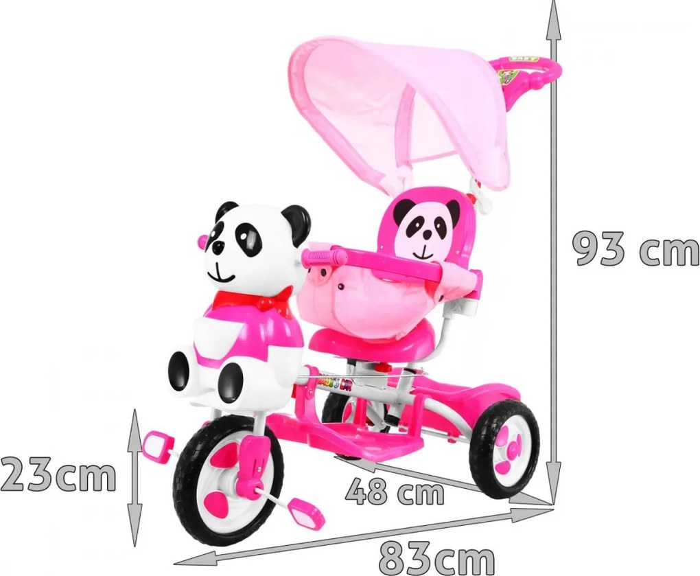 Ramiz Detský trojkolesový bicykel Panda Ružová + zvuky + strieška + zábrana + opierka na nohy + rukoväť + úložný priestor