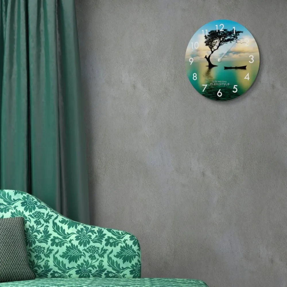 Okrúhle sklenené hodiny 30 cm s motívom západu slnka
