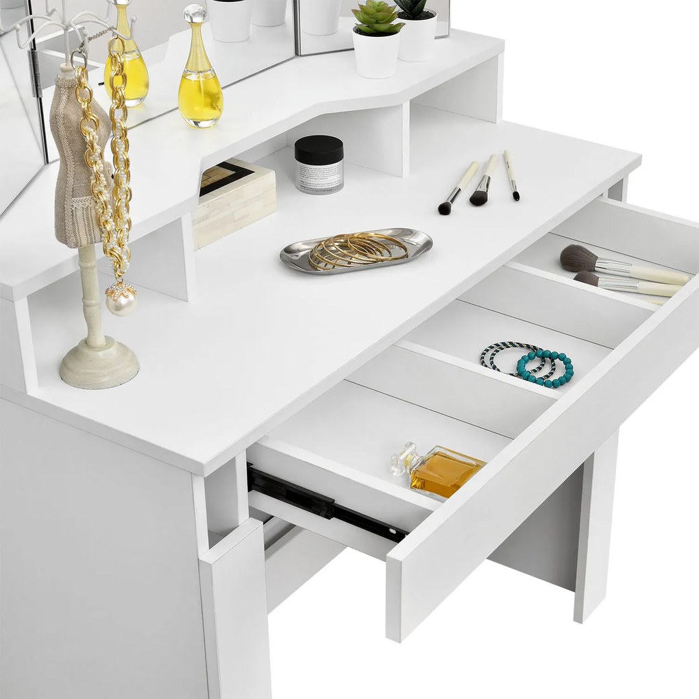 InternetovaZahrada - Toaletný stolík Marla s trojitým zrkadlom v bielej farbe