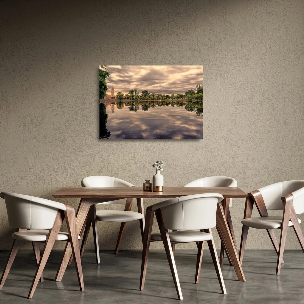 Sklenený obraz jazera a stromov (70x50 cm)