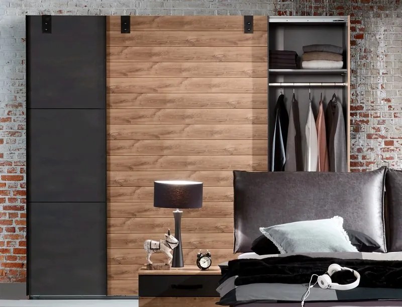 Šatník s posuvnými dverami Detroit, 250 cm, doskový dub / antracitová oceľ