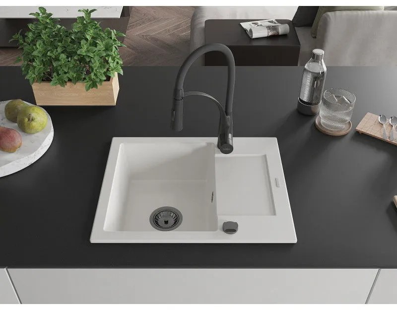 Mexen Enzo, 1-komorový granitový drez 576x465x174 mm a drezová batéria Aster, biela, 6506-20-73450-70-B