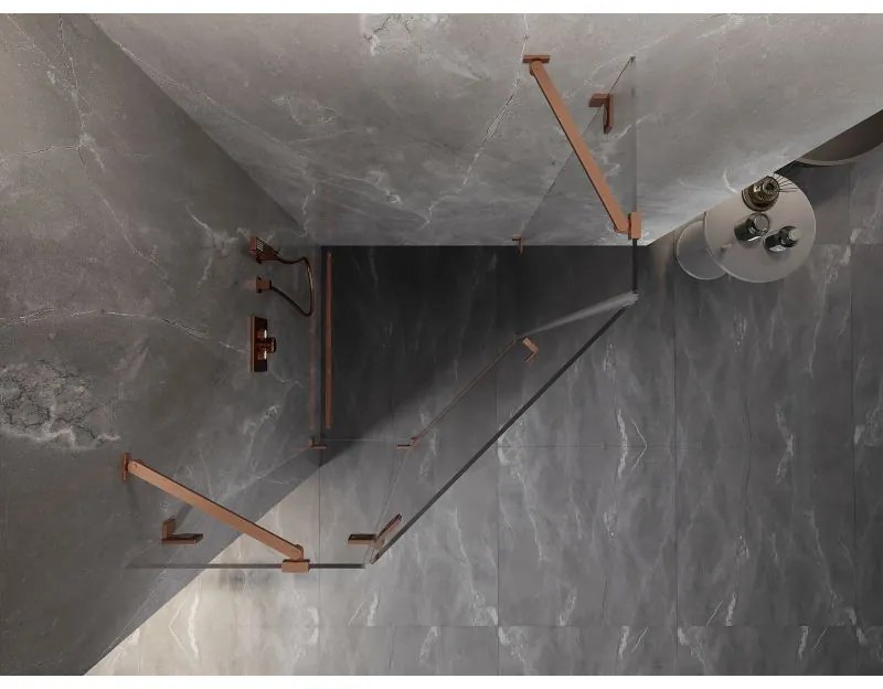 Mexen Lunar, päťuholníkový sprchový kút s ľavým sklonom 80 x 80 cm, 8mm číre sklo, profil medená matná, 831-080L-080P-65-00-L