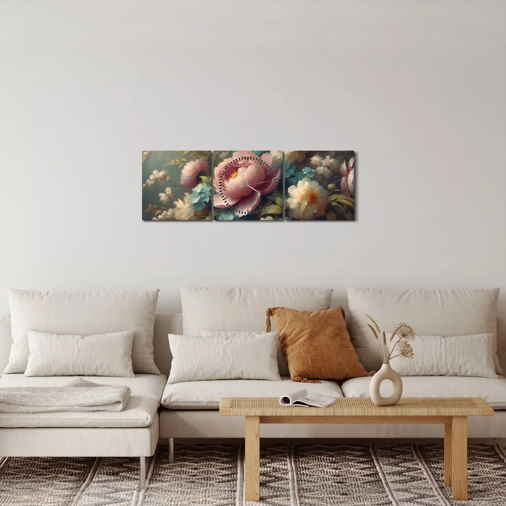 Obraz - Zátišie s kvetmi - maľba (s hodinami) (90x30 cm)