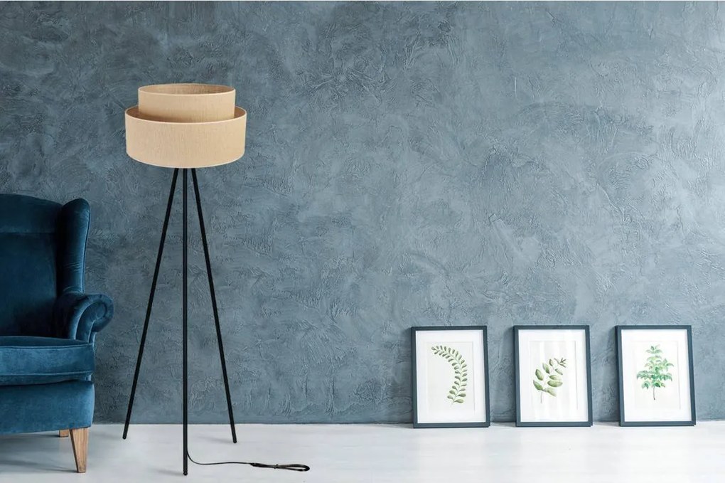 Stojacia lampa Juta, 1x jutové tienidlo, čierna konštrukcia, m