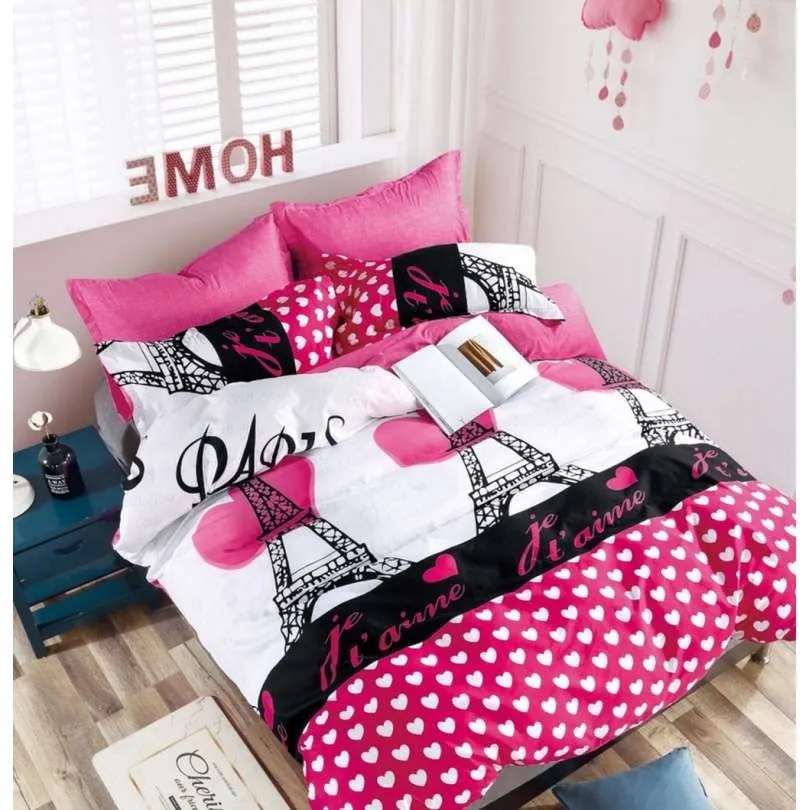DomTextilu Ružové posteľné obliečky s motívom Paríža 4 časti: 1ks 160 cmx200 + 2ks 70 cmx80 + plachta Ružová 140x200 cm 28723-157720