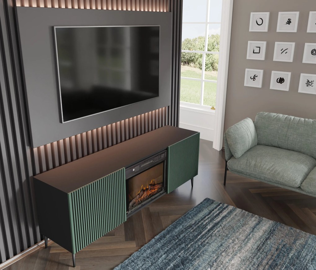 TV skrinka/stolík s elektrickým krbom FPB 2D 170 C Rowanna (čierna + tmavozelená). Vlastná spoľahlivá doprava až k Vám domov. 1125094