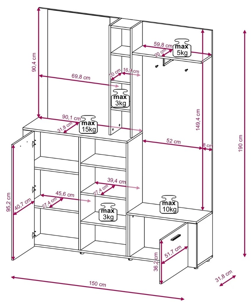 Předsíňová stěna Barry 150 cm dub Matera světlý/antracit