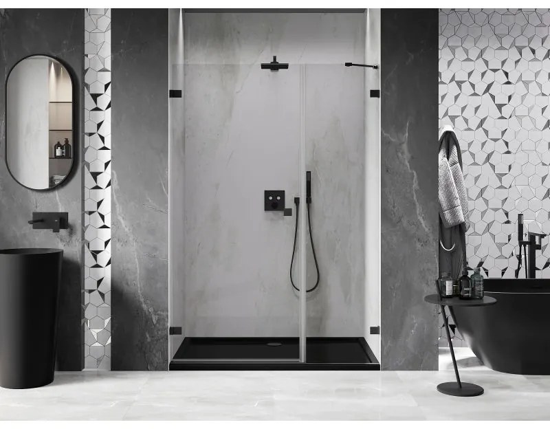 Mexen Lunar-B, Otočné ľavé sprchové dvere 145 cm, číre sklo, čierny profil, 832S-145-050-70-00-L