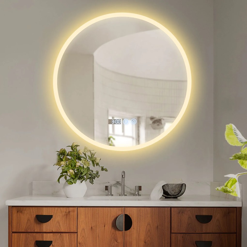 Erga Deam, okrúhle LED zrkadlo 90cm, 3 farby svetla, predné osvetlenie, vyhrievacia podložka proti zapareniu, ERG-V01-Deam-9090-CL