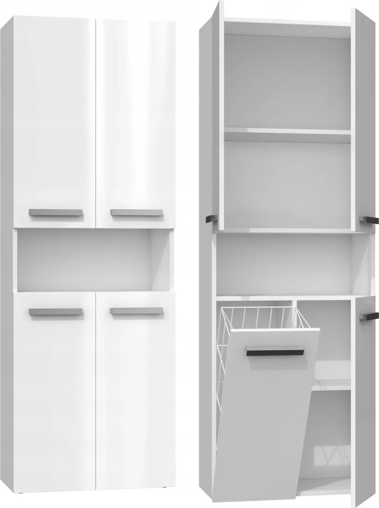 Kúpeľňová skrinka s košom na bielizeň NEL II biela lesklá