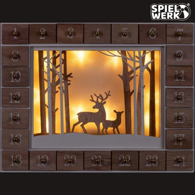 Spielwerk Drevený adventný kalendár ZIMNÝ LES s osvetlením, 35x6x27cm, biela/hnedá