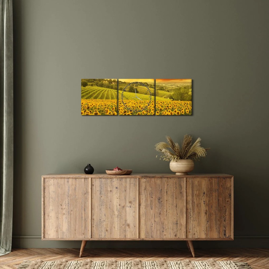 Obraz - Slnečnicové pole (s hodinami) (90x30 cm)