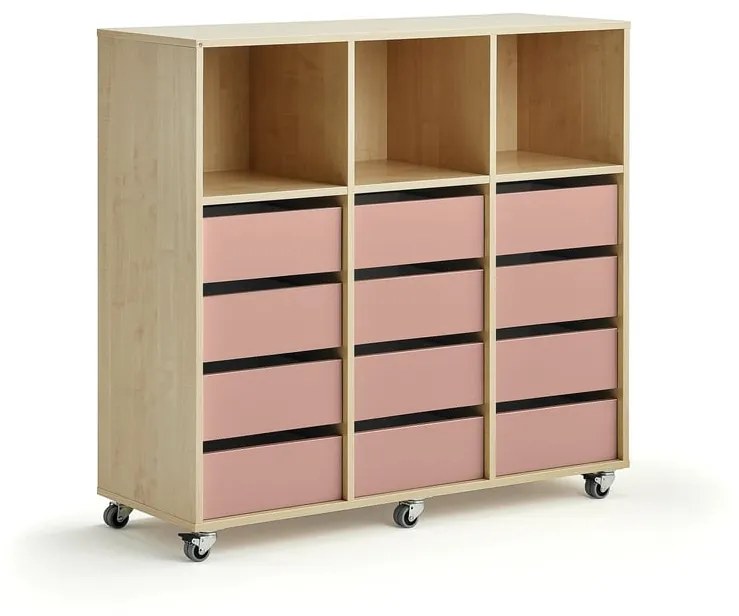Úložná skriňa CASPER, 12 zásuviek, 3 priehradky, breza, tmavoružová