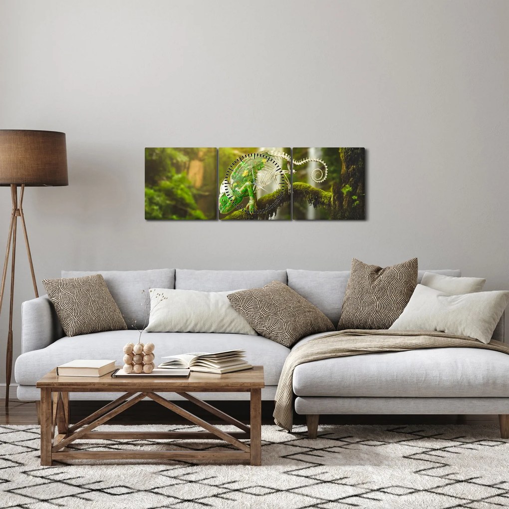 Obraz chameleóna (s hodinami) (90x30 cm)