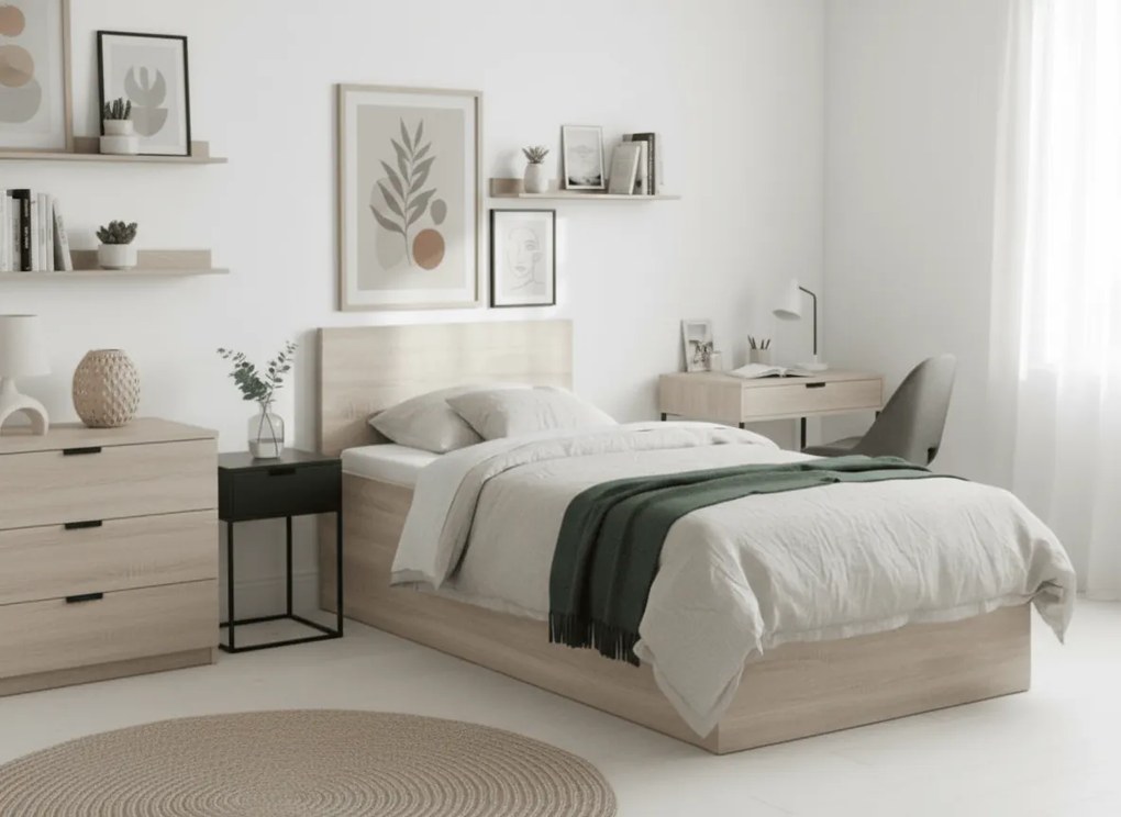 Posteľ SOFIA 90 x 200 cm, dub sonoma Rošt: S lamelovým roštom, Matrac: Matrac COCO MAXI 20 cm