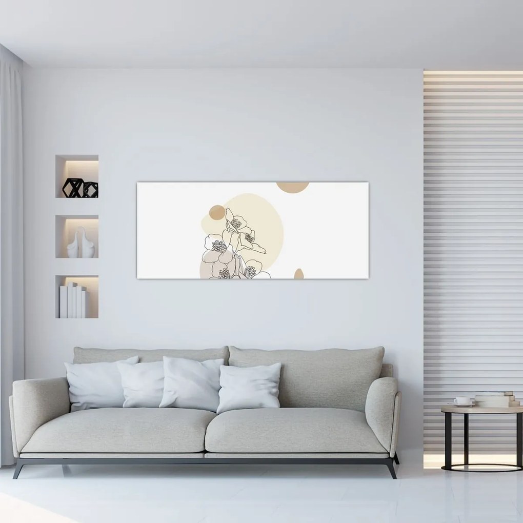 Obraz - Béžové kvety s motýľom N⁰4 (120x50 cm)