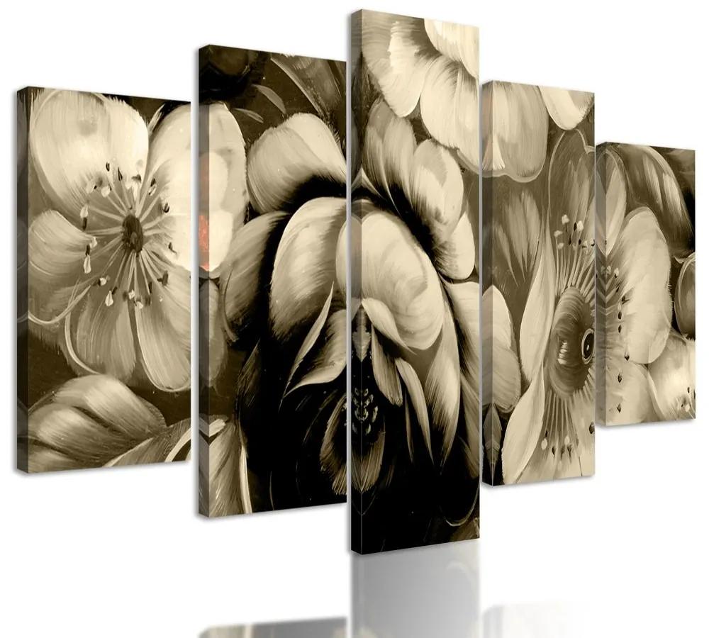 5-dielny obraz abstraktná maľba kvetín v sépiovom prevedení