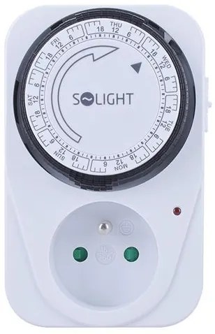 SOLIGHT Mechanický týždenný časový spínač 230V/16A, 1 zásuvka, biely