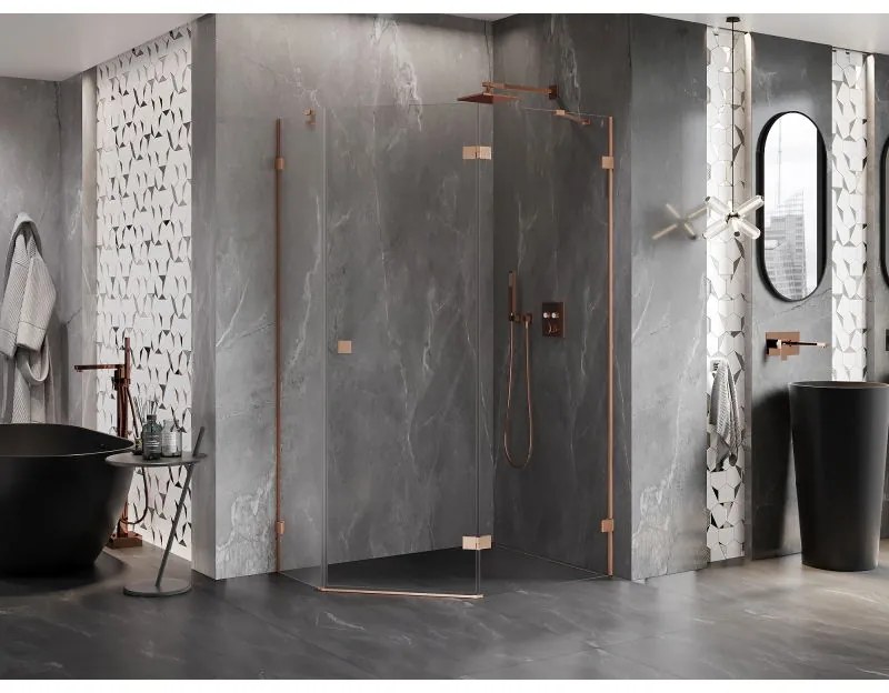 Mexen Lunar, päťuholníkový sprchový kút s pravým sklonom 100 x 90 cm, 8mm číre sklo, profil medená matná, 831-100P-090L-65-00-P