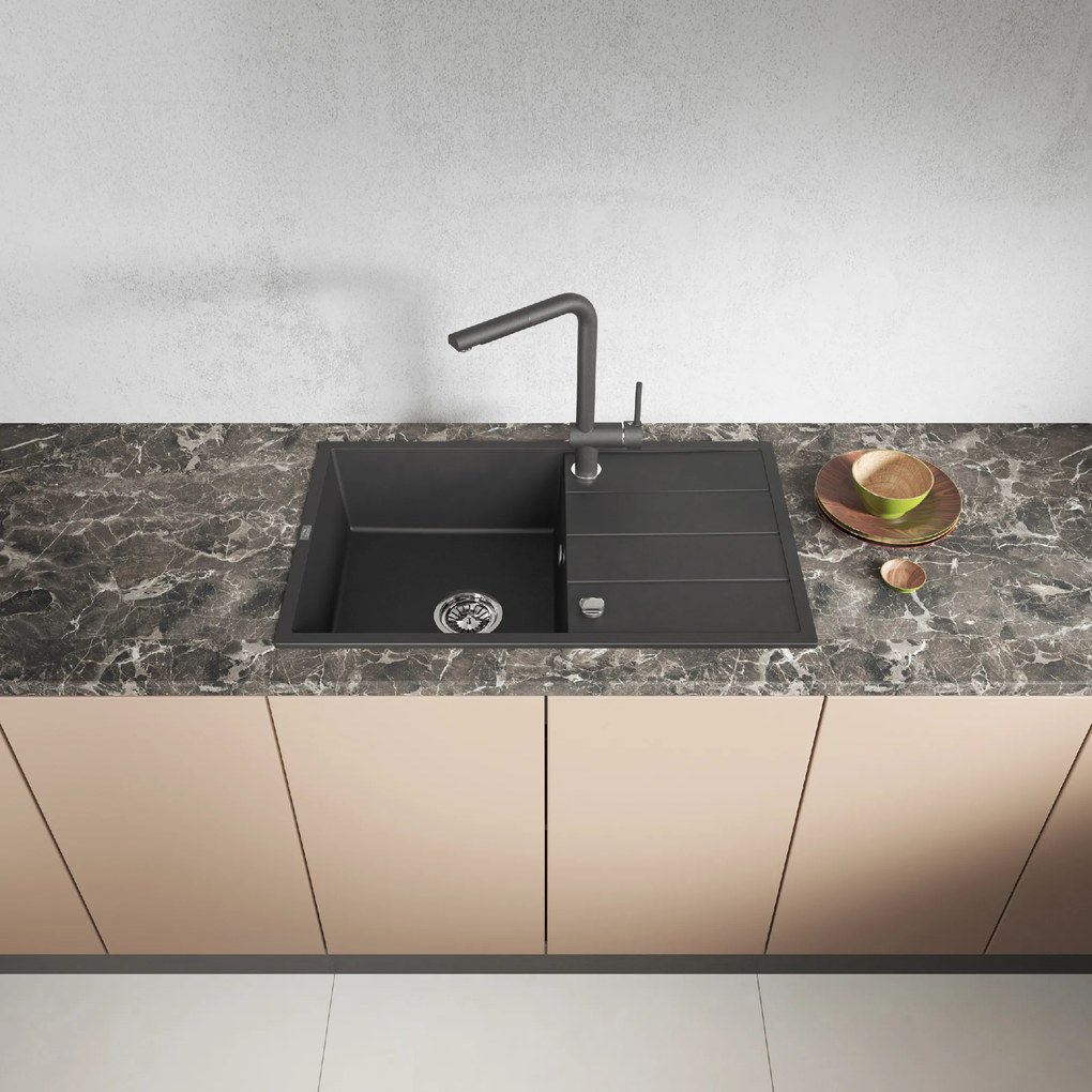 Laveo Wolin, 1-komorový granitový drez 780x480x185 mm, čierna škvrnitá, LAV-SPW_711T