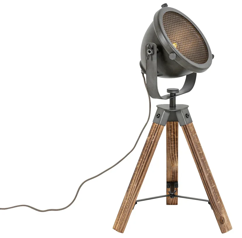 Priemyselná stolná lampa trojnožka oceľ s dreveným sklonom - Emado