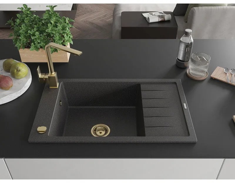 Mexen Elias, granitový drez granitový 795x480x200 mm, 1-komorový, čierna škvrnitá so zlatým sifónom a zlatá drezová batéria Rita, 6511-76-670300-50